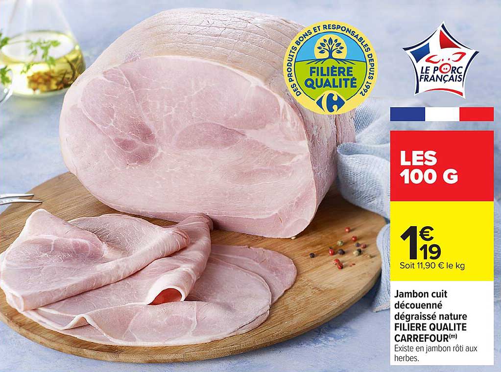Jambon cuit découpé dégraissé nature FILIÈRE QUALITÉ CARREFOUR
