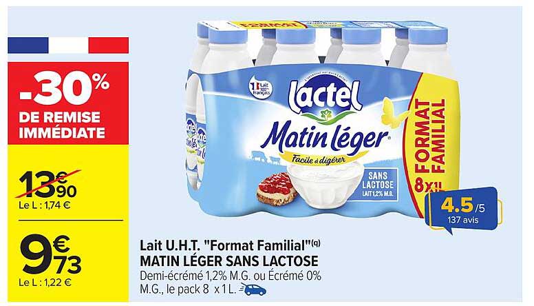 Lait U.H.T. "Format Familial" MATIN LÉGER SANS LACTOSE