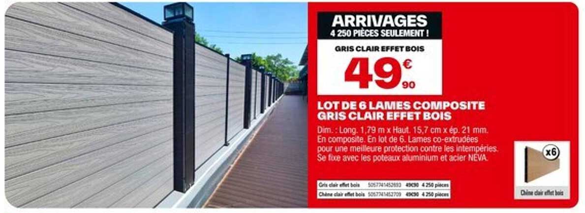 LOT DE 6 LAMES COMPOSITE GRIS CLAIR EFFET BOIS