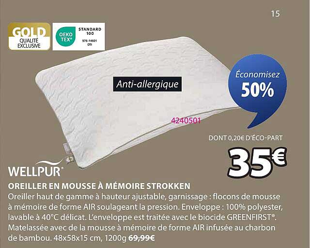 OREILLER EN MOUSSE À MÉMOIRE STROKKEN