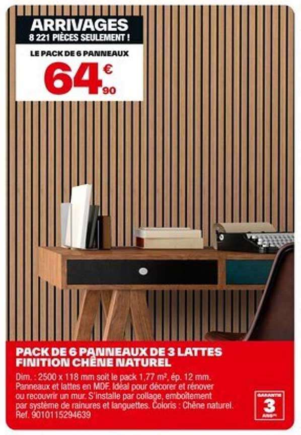 PACK DE 6 PANNEAUX DE 3 LATTES FINITION CHÊNE NATUREL