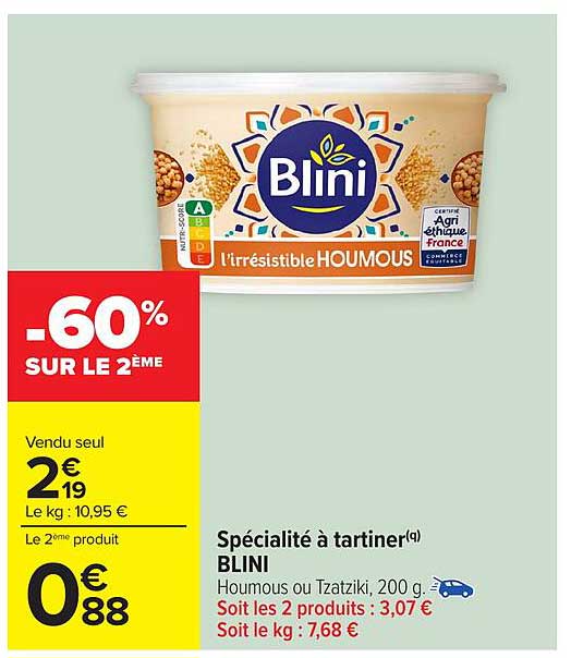 Spécialité à tartiner Blini - Houmous ou Tzatziki, 200 g