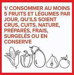 1/ CONSOMMER AU MOINS 5 FRUITS ET LÉGUMES PAR JOUR, QU'ILS SOIENT CRUS, CUITS, NATURE, PRÉPARÉS, FRAIS, SURGELÉS OU EN CONSERVE
