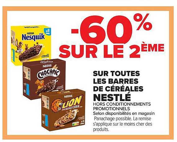 -60% SUR LE 2ÈME SUR TOUTES LES BARRES DE CÉRÉALES NESTLÉ