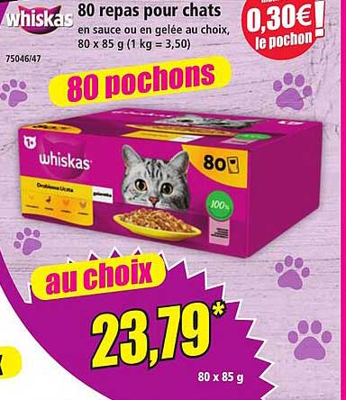 80 repas pour chats en sauce ou en gelée au choix, 80 x 85 g (1 kg = 3.50)