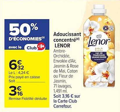 Adoucissant concentré LENOR Ambre-Orchidée, Envolée d’Air, Jasmin & Rose de Mai, Coton ou Fleur de Jasmin. 71 lavages, 1,491 ml.
