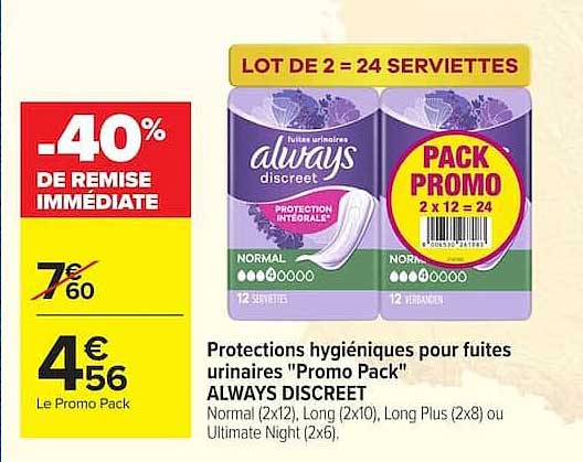 ALWAYS DISCREET Protections hygiéniques pour fuites urinaires "Promo Pack"