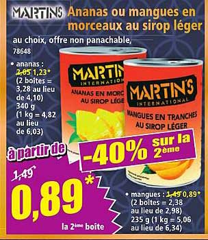 Ananas ou mangues en morceaux au sirop léger