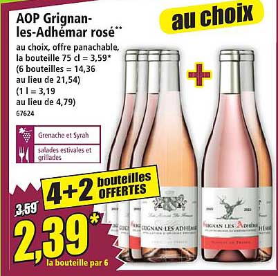 AOP Grignan-les-Adhémar rosé** au choix, offre panachable, la bouteille 75 cl = 3,59€
