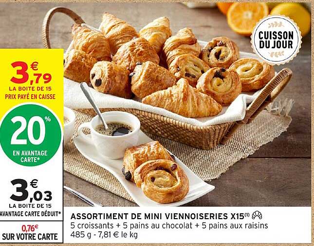 ASSORTIMENT DE MINI VIENNOISERIES X15(1) 5 croissants + 5 pains au chocolat + 5 pains aux raisins 485 g - 7,81 € le kg