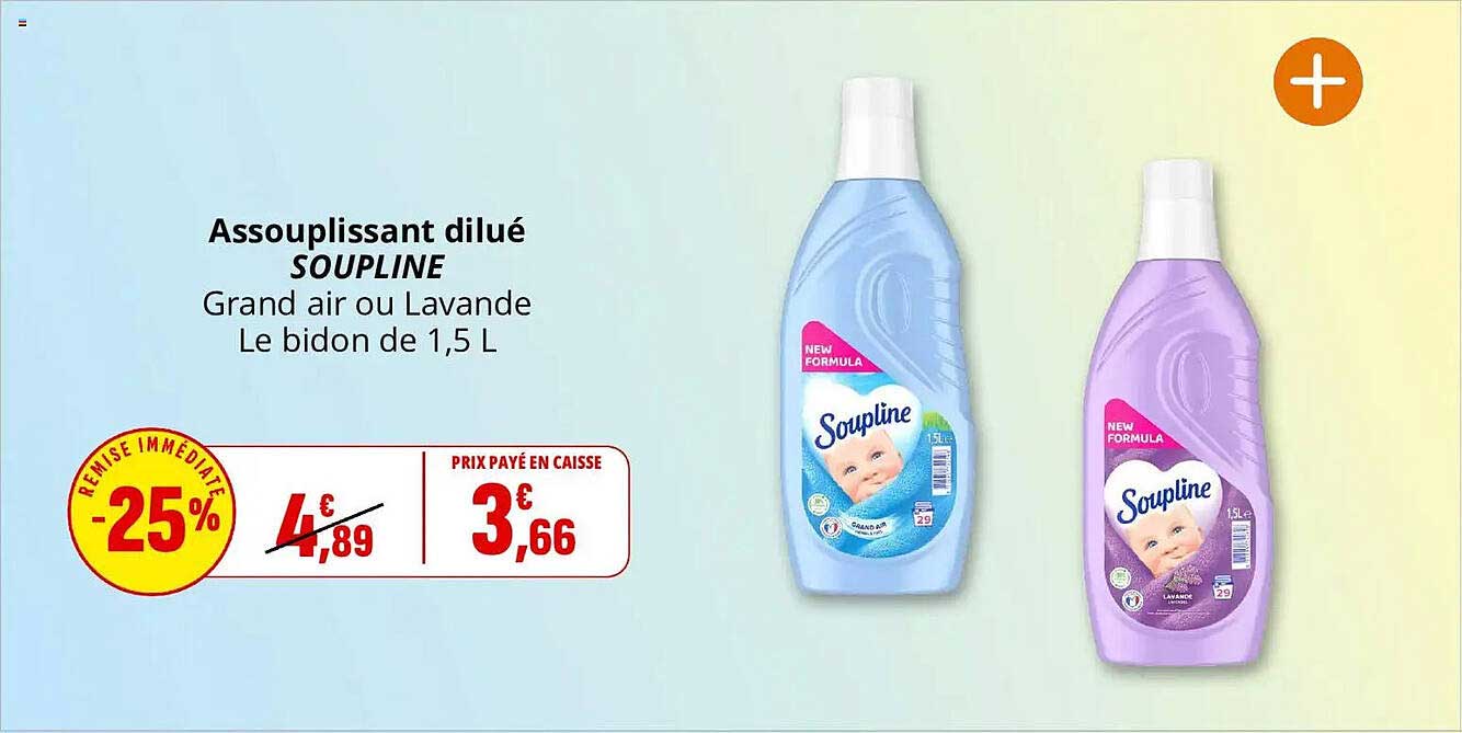 Assouplissant dilué SOUPLINE Grand air ou Lavande Le bidon de 1,5 L