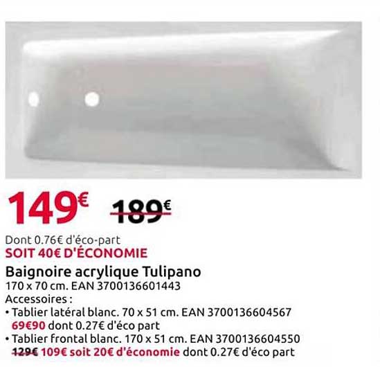 Baignoire acrylique Tulipano 170 x 70 cm