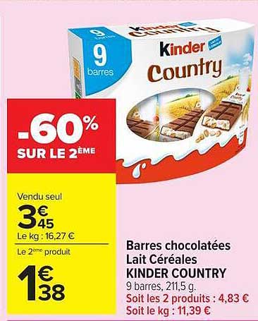 Barres chocolatées Lait Céréales KINDER COUNTRY 9 barres, 211,5 g.
