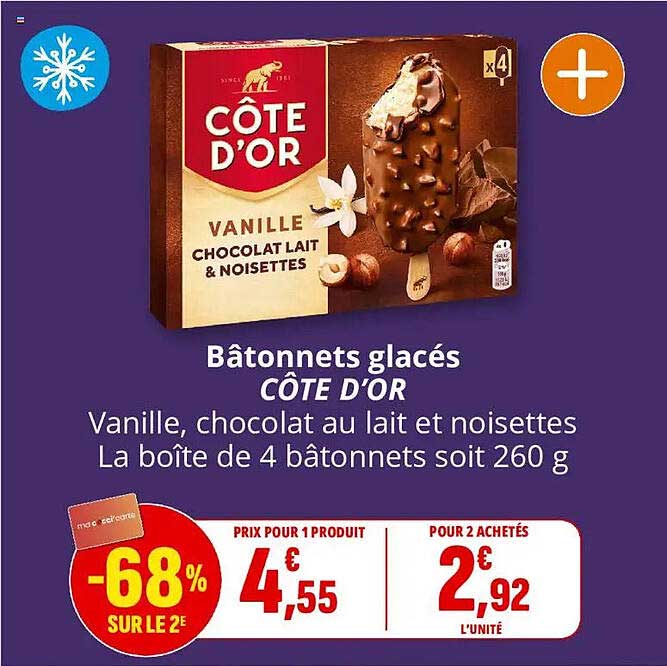 Bâtonnets glacés CÔTE D'OR Vanille, chocolat au lait et noisettes La boîte de 4 bâtonnets soit 260 g