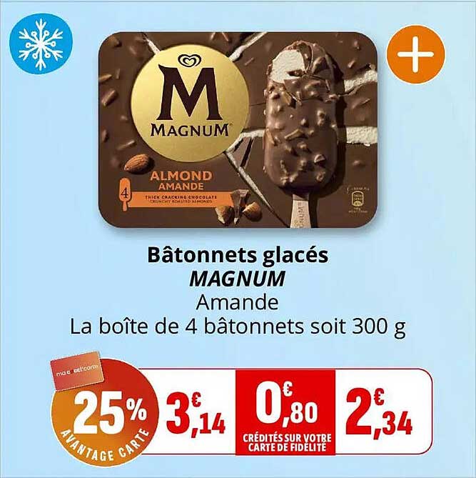 Bâtonnets glacés MAGNUM Amande La boîte de 4 bâtonnets soit 300 g