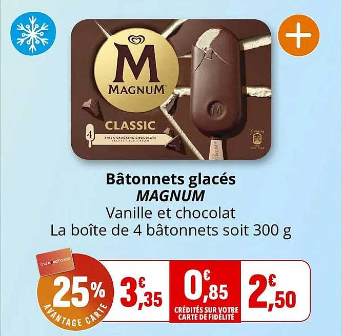 Bâtonnets glacés MAGNUM Vanille et chocolat La boîte de 4 bâtonnets soit 300 g