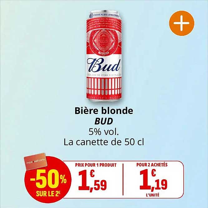 Bière blonde BUD 5% vol. La canette de 50 cl