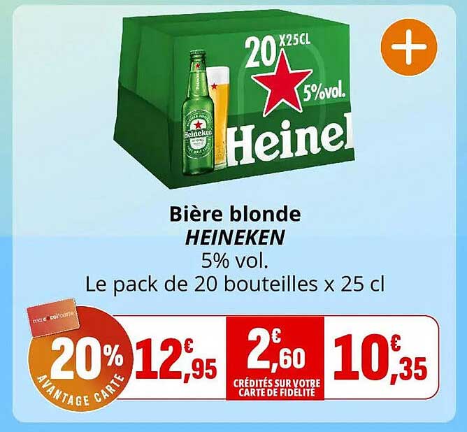 Bière blonde HEINEKEN 5% vol. Le pack de 20 bouteilles x 25 cl