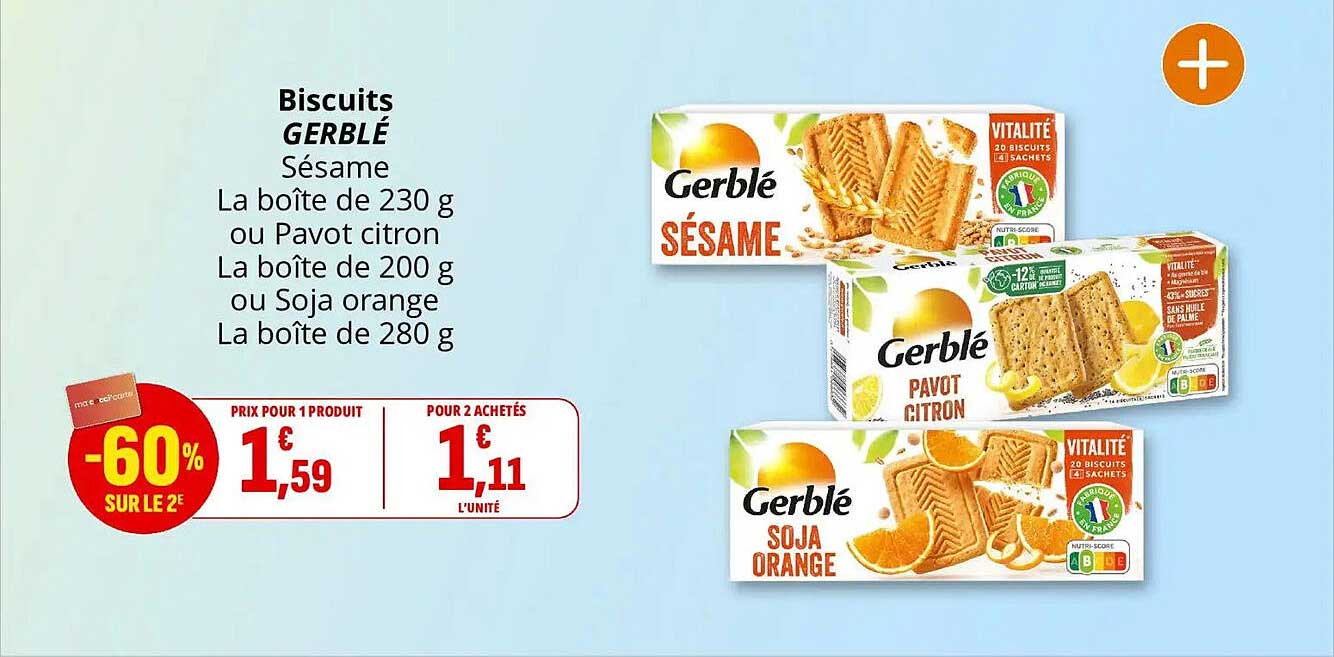 Biscuits GERBLÉ Sésame La boîte de 230 g ou Pavot citron La boîte de 200 g ou Soja orange La boîte de 280 g