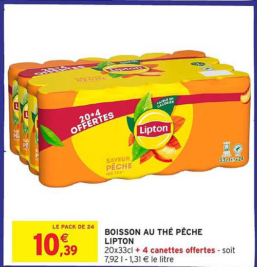 BOISSON AU THÉ PÊCHE LIPTON 20x33cl + 4 canettes offertes