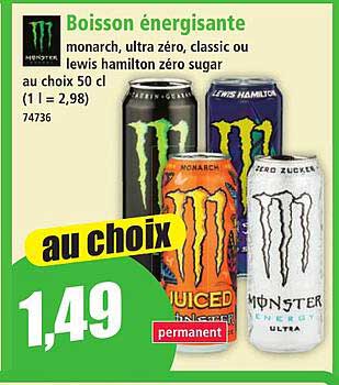 Boisson énergisante monarch, ultra zéro, classic ou lewis hamilton zéro sugar au choix 50 cl (1 l = 2,98)
