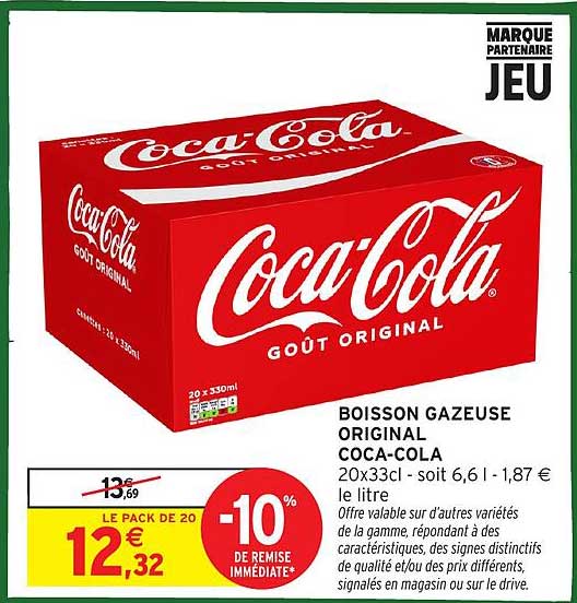 BOISSON GAZEUSE ORIGINAL COCA-COLA 20x33cl - soit 6,6 l - 1,87 € le litre