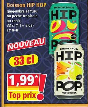 Boisson HIP HOP gingembre et Yuzu ou pêche tropicale au choix, 33 cl (1 l = 6,03) 82146/48