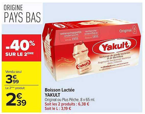 Boisson Lactée YAKULT Original ou Plus Pêche, 8 x 65 ml.