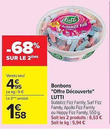 Bonbons "Offre Découverte" LUTTI Bubblizz Fizz Family, Surf Fizz Family, Apollo Fizz Family ou Happy Fizz Family, 550 g.