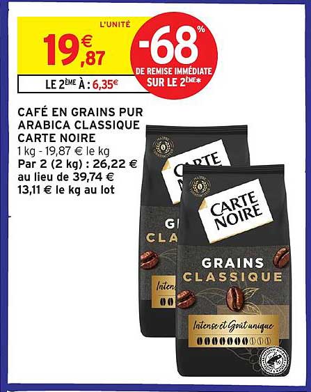 CAFÉ EN GRAINS PUR ARABICA CLASSIQUE CARTE NOIRE