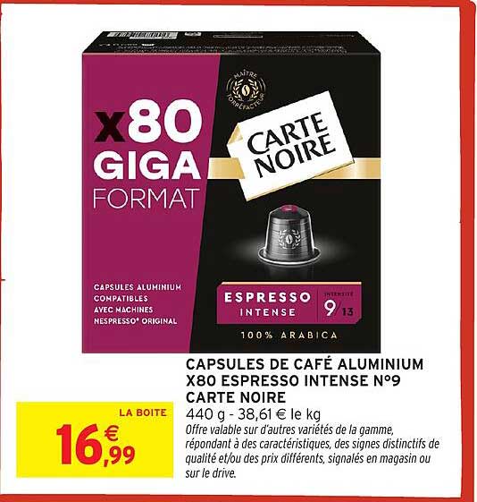 CAPSULES DE CAFÉ ALUMINIUM X80 ESPRESSO INTENSE N°9 CARTE NOIRE
