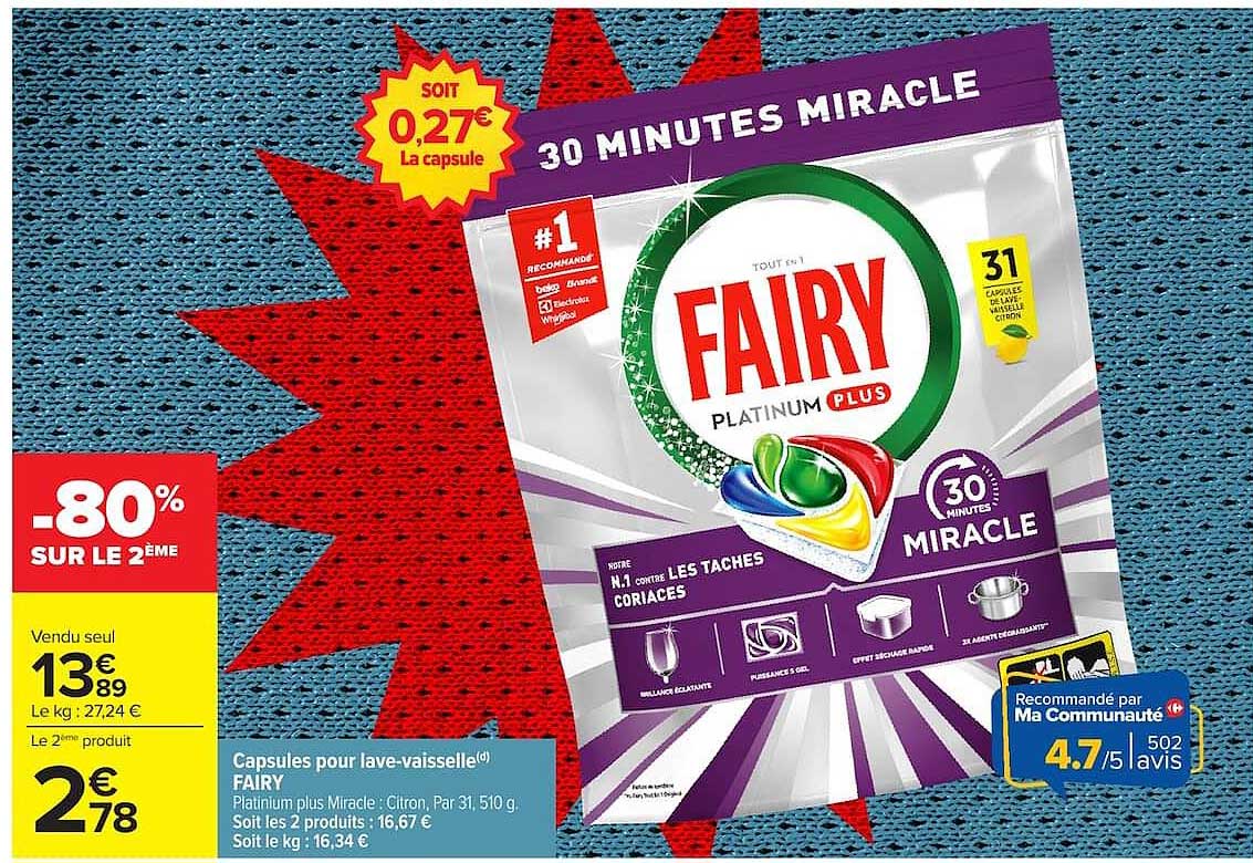 Capsules pour lave-vaisselle FAIRY Platinum plus Miracle : Citron, Par 31, 510 g