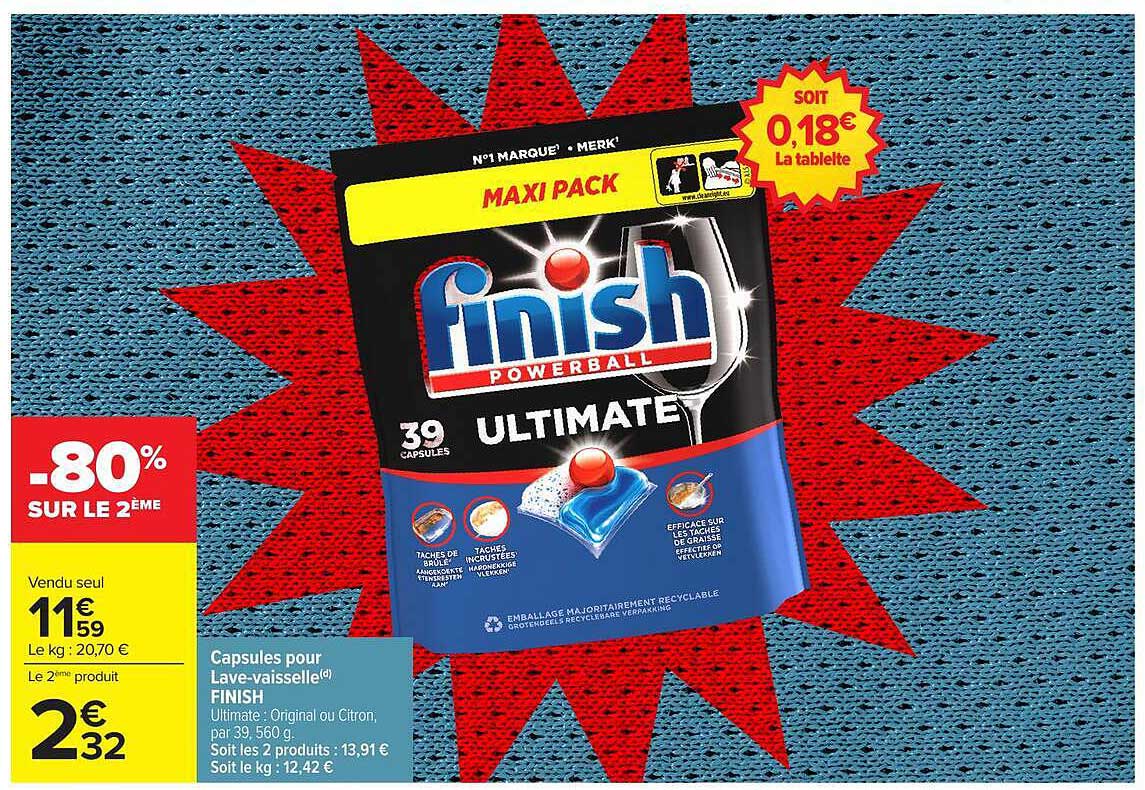 Capsules pour Lave-vaisselle FINISH Ultimate : Original ou Citron, par 39, 560 g.