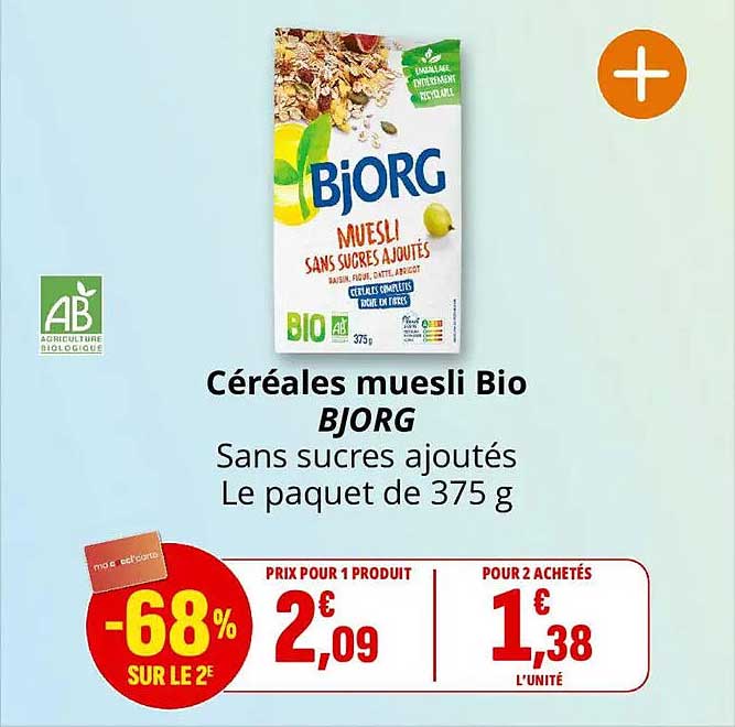 Céréales muesli Bio BJORG Sans sucres ajoutés Le paquet de 375 g