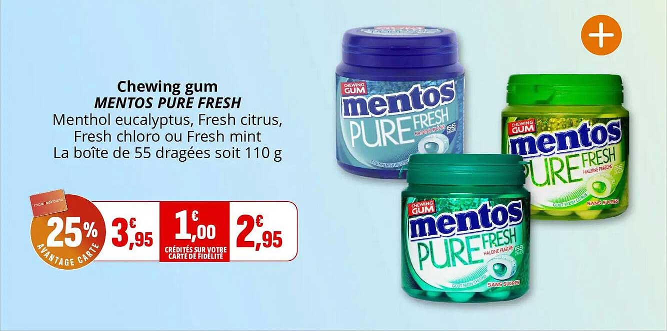 Chewing gum MENTOS PURE FRESH Menthol eucalyptus, Fresh citrus, Fresh chloro ou Fresh mint La boîte de 55 dragées soit 110 g