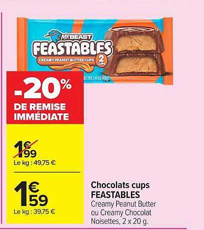 Chocolats cups FEASTABLES Creamy Peanut Butter ou Creamy Chocolat Noisettes, 2 x 20 g