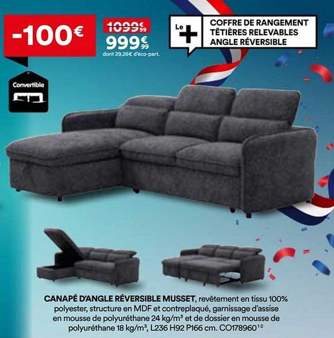 COFFRE DE RANGEMENT TÊTIÈRES RELEVABLES ANGLE RÉVERSIBLE