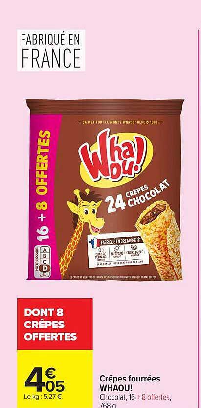 Crêpes fourrées WHAOU! Chocolat, 16 + 8 offertes, 768 g.