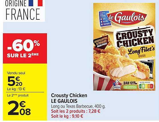 Crousty Chicken LE GAULOIS Long ou Texas Barbecue, 400 g.