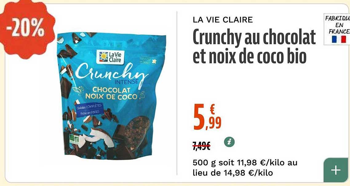 Crunchy au chocolat et noix de coco bio