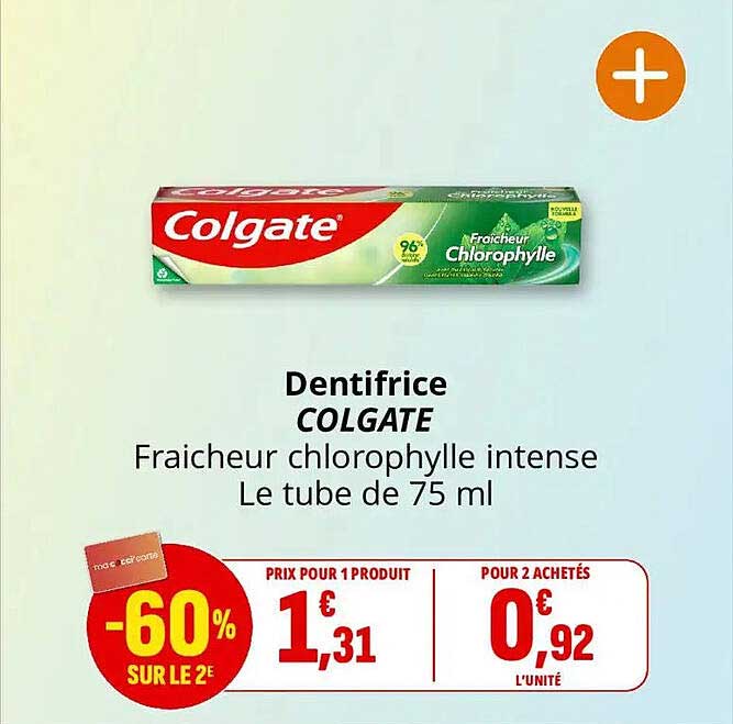 Dentifrice COLGATE Fraicheur chlorophylle intense Le tube de 75 ml