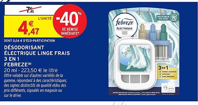DÉSODORISANT ÉLECTRIQUE LINGE FRAIS 3 EN 1 FEBREZE