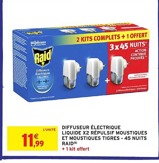 DIFFUSEUR ÉLECTRIQUE LIQUIDE X2 RÉPULSIF MOUSTIQUES ET MOUSTIQUES TIGRES - 45 NUITS RAID(b) + 1 kit offert