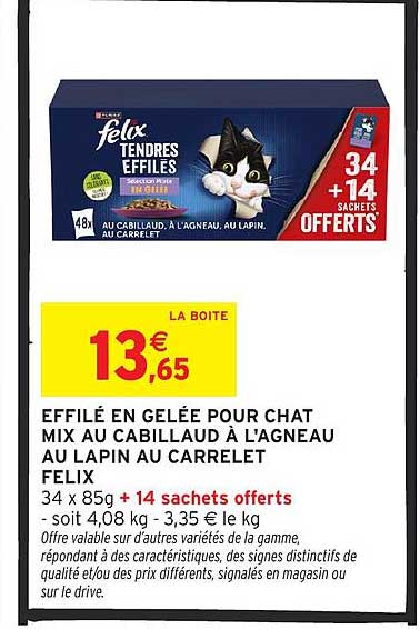 EFFILÉ EN GELEE POUR CHAT MIX AU CABILLAUD À L'AGNEAU AU LAPIN AU CARRELET FELIX