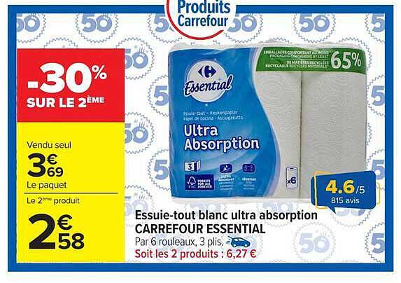 Essuie-tout blanc ultra absorption CARREFOUR ESSENTIAL
