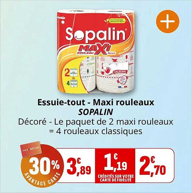 Essuie-tout - Maxi rouleaux SOPALIN Décoré - Le paquet de 2 maxi rouleaux = 4 rouleaux classiques