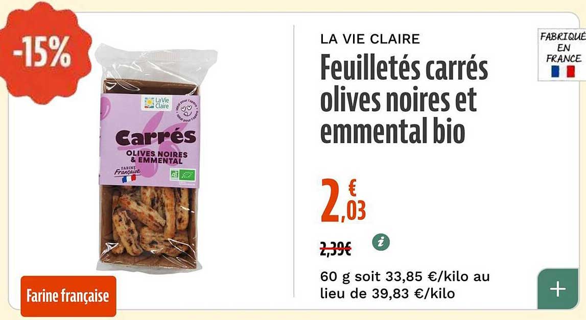 Feuilletés carrés olives noires et emmental bio