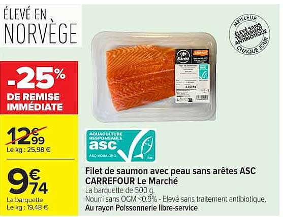 FILET DE SAUMON AVEC PEAU SANS ARÊTES ASC CARREFOUR LE MARCHÉ