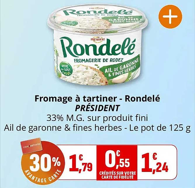 Fromage à tartiner - Rondelé PRÉSIDENT 33% M.G. sur produit fini Ail de garronne & fines herbes - Le pot de 125 g