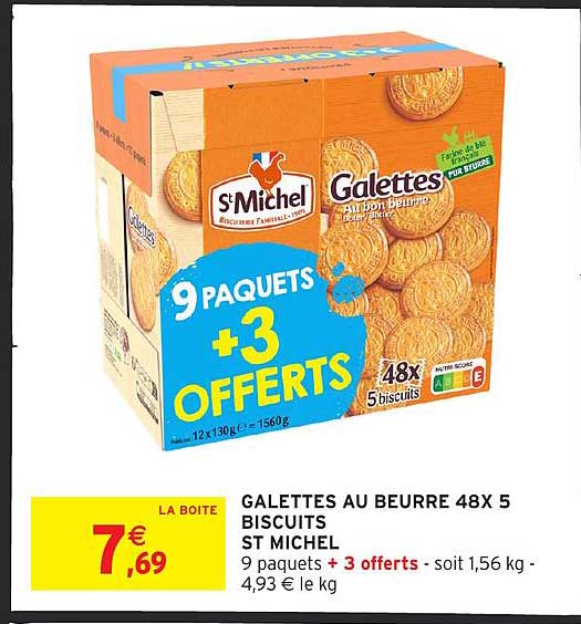 GALETTES AU BEURRE 48X 5 BISCUITS ST MICHEL 9 paquets + 3 offerts - soit 1,56 kg - 4,93 € le kg